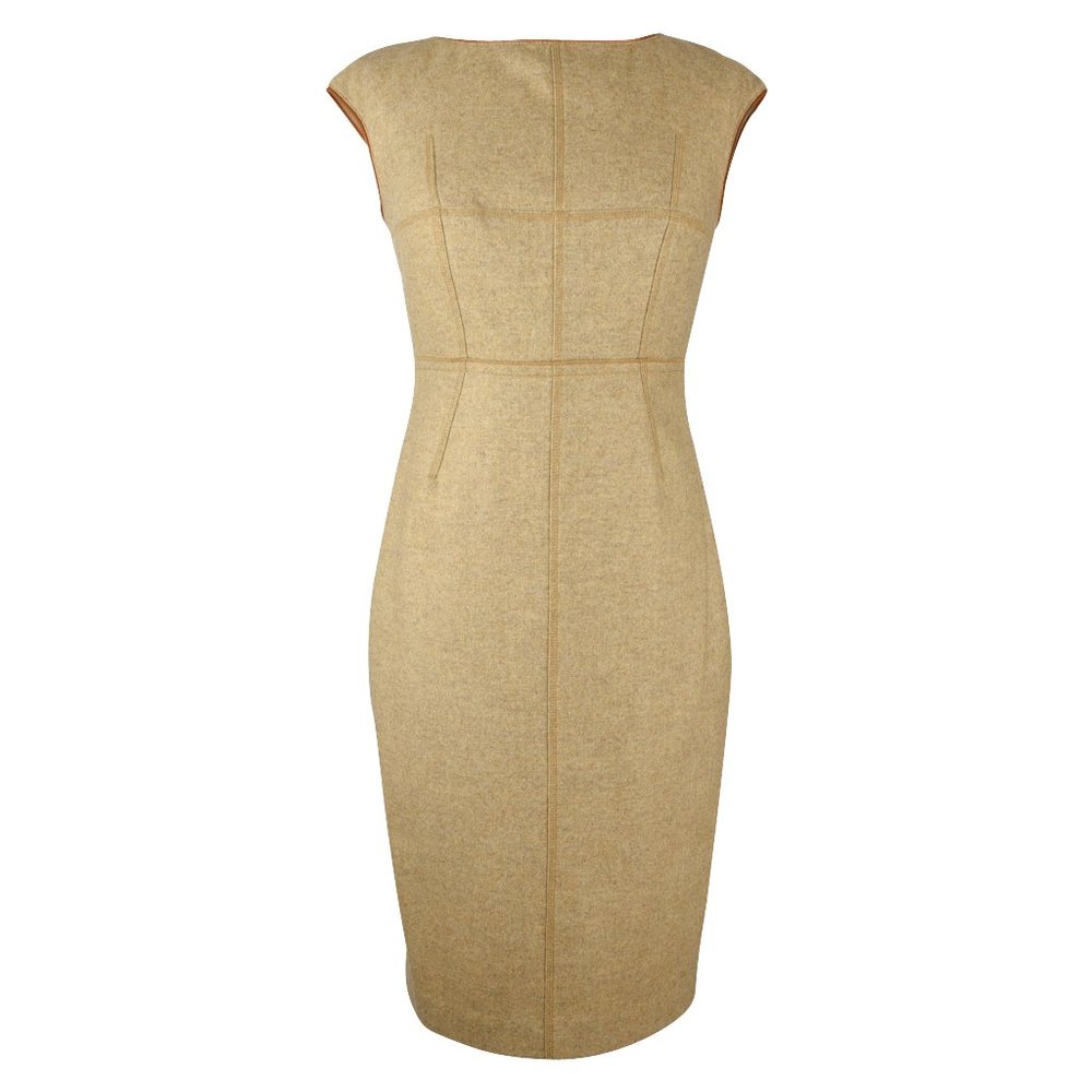 Magaschoni Sleeveless Sheath Leather Trim Dress Camel 4